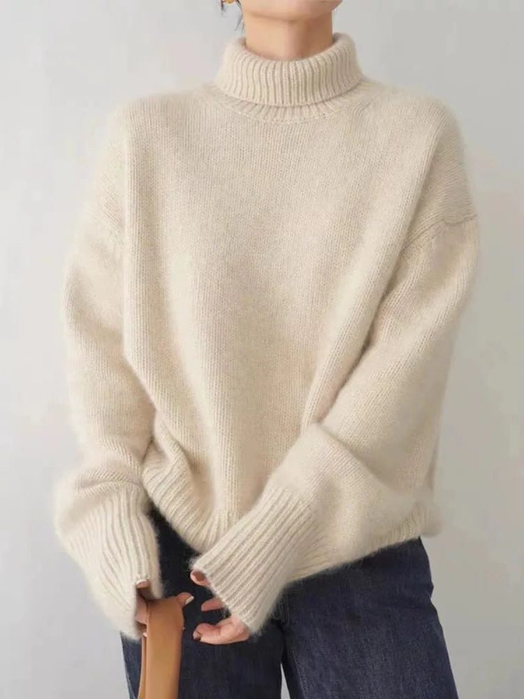 Ribbed Knit Roll Neck Sweater for Women - Beige