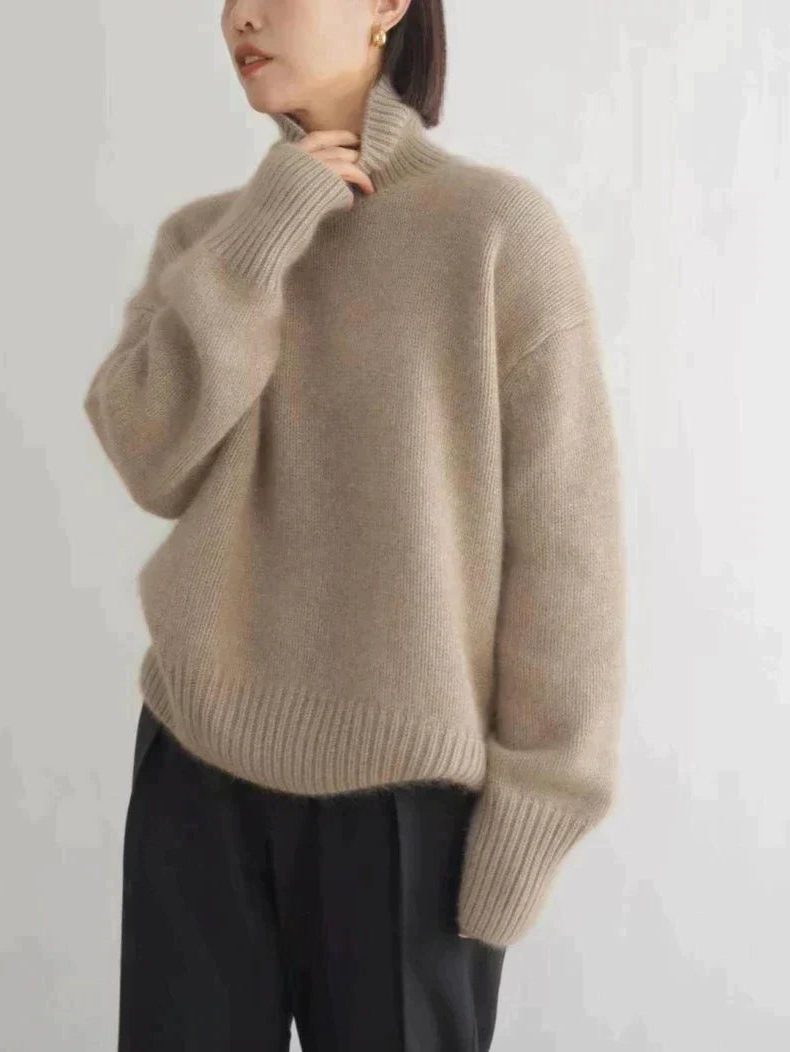 Ribbed Knit Roll Neck Sweater for Women - Khaki