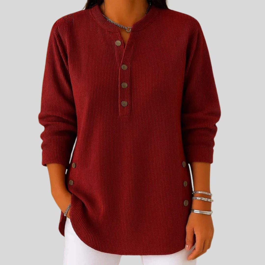 Ribbed Knit Sweater with Button-Front Long Sleeves for Women - Red