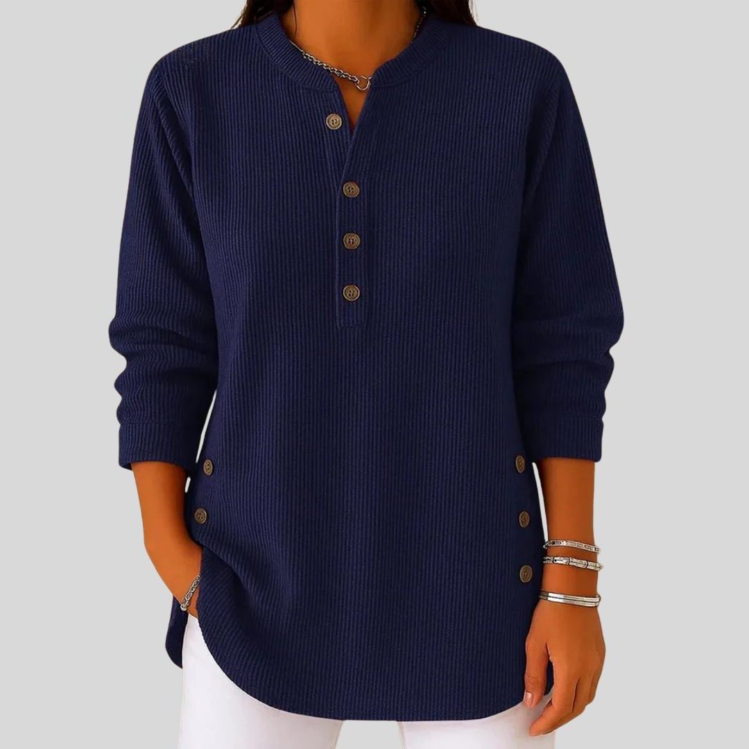 Ribbed Knit Sweater with Button-Front Long Sleeves for Women - Dark Blue