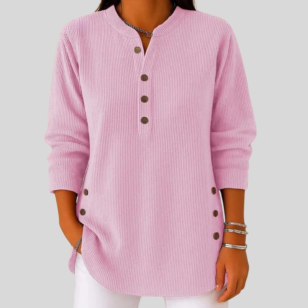 Ribbed Knit Sweater with Button-Front Long Sleeves for Women - Pink