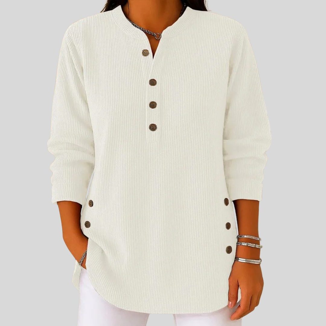 Ribbed Knit Sweater with Button-Front Long Sleeves for Women - White