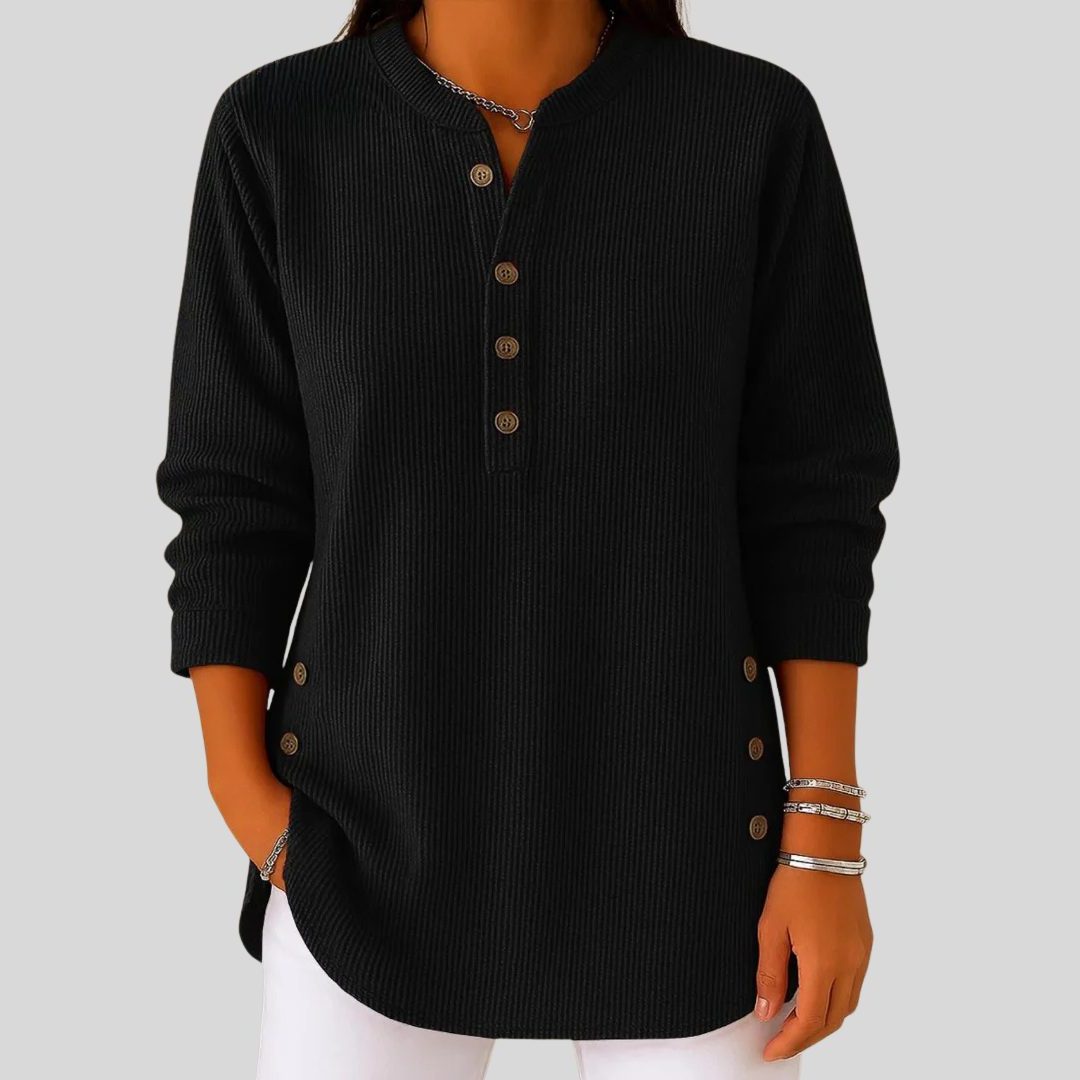 Ribbed Knit Sweater with Button-Front Long Sleeves for Women - Black
