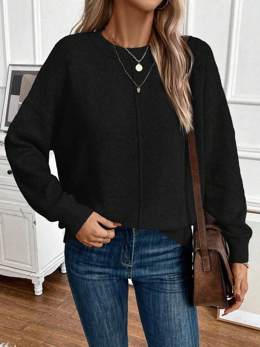 Ribbed Knit Sweater with Crew Neck for Women