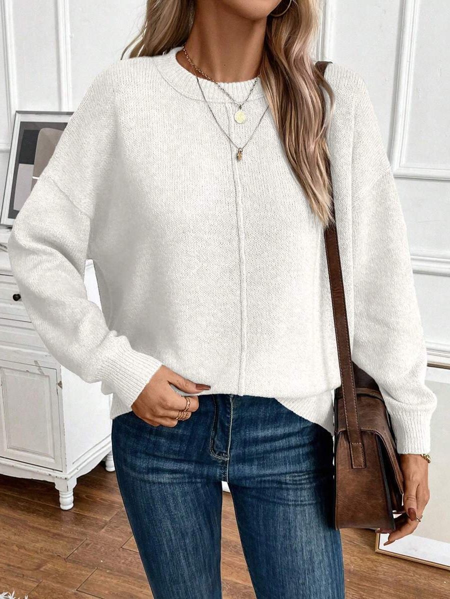 Ribbed Knit Sweater with Crew Neck for Women