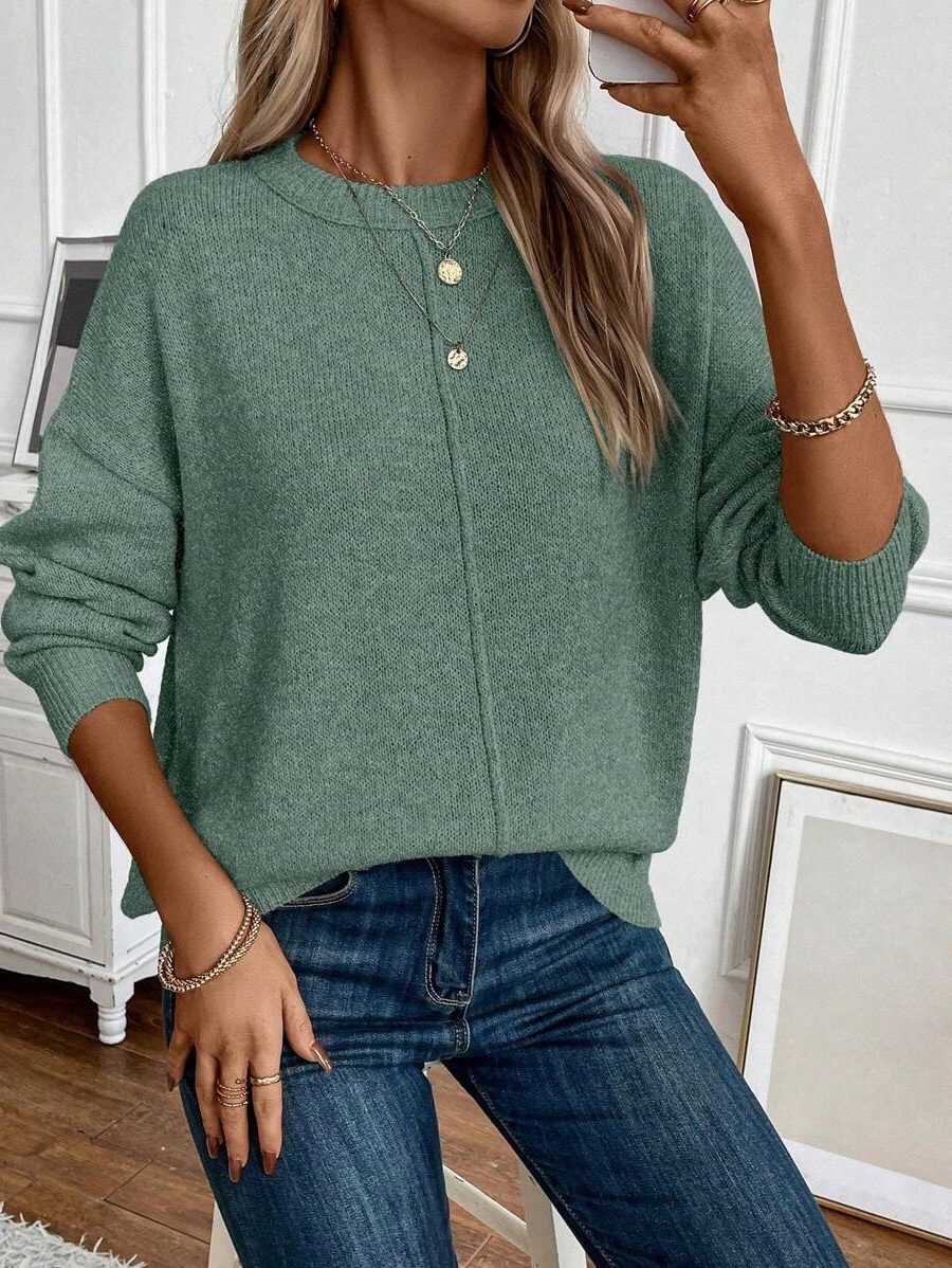 Ribbed Knit Sweater with Crew Neck for Women