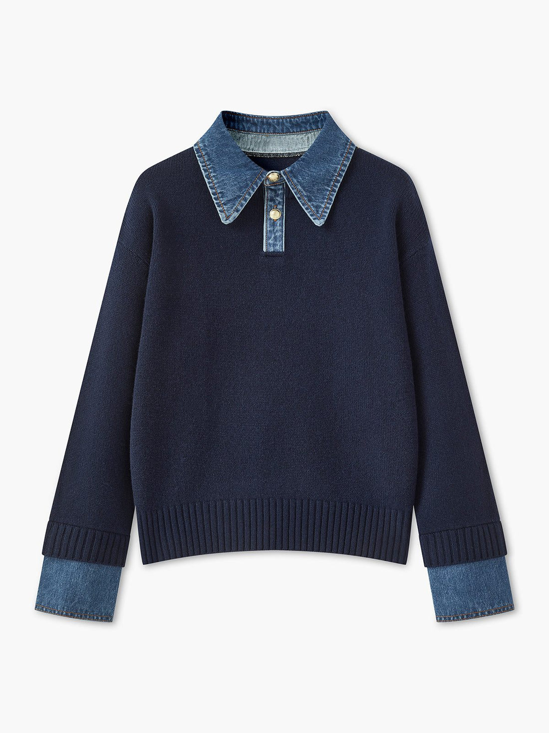 Ribbed Knit Sweater with Denim Collar for Women