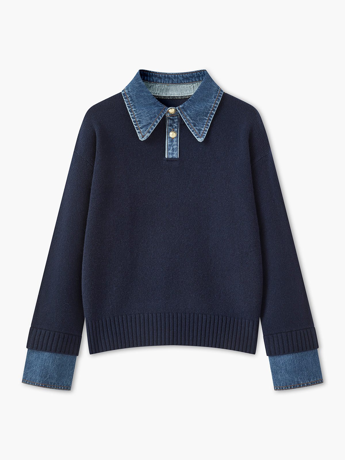 Ribbed Knit Sweater with Denim Collar for Women