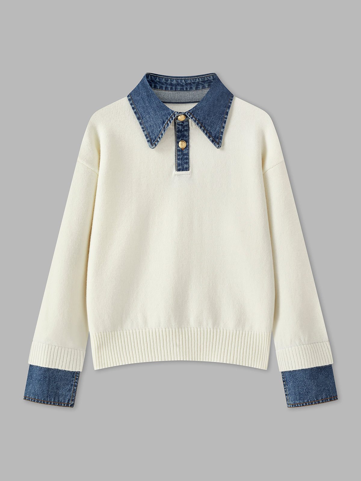 Ribbed Knit Sweater with Denim Collar for Women - White