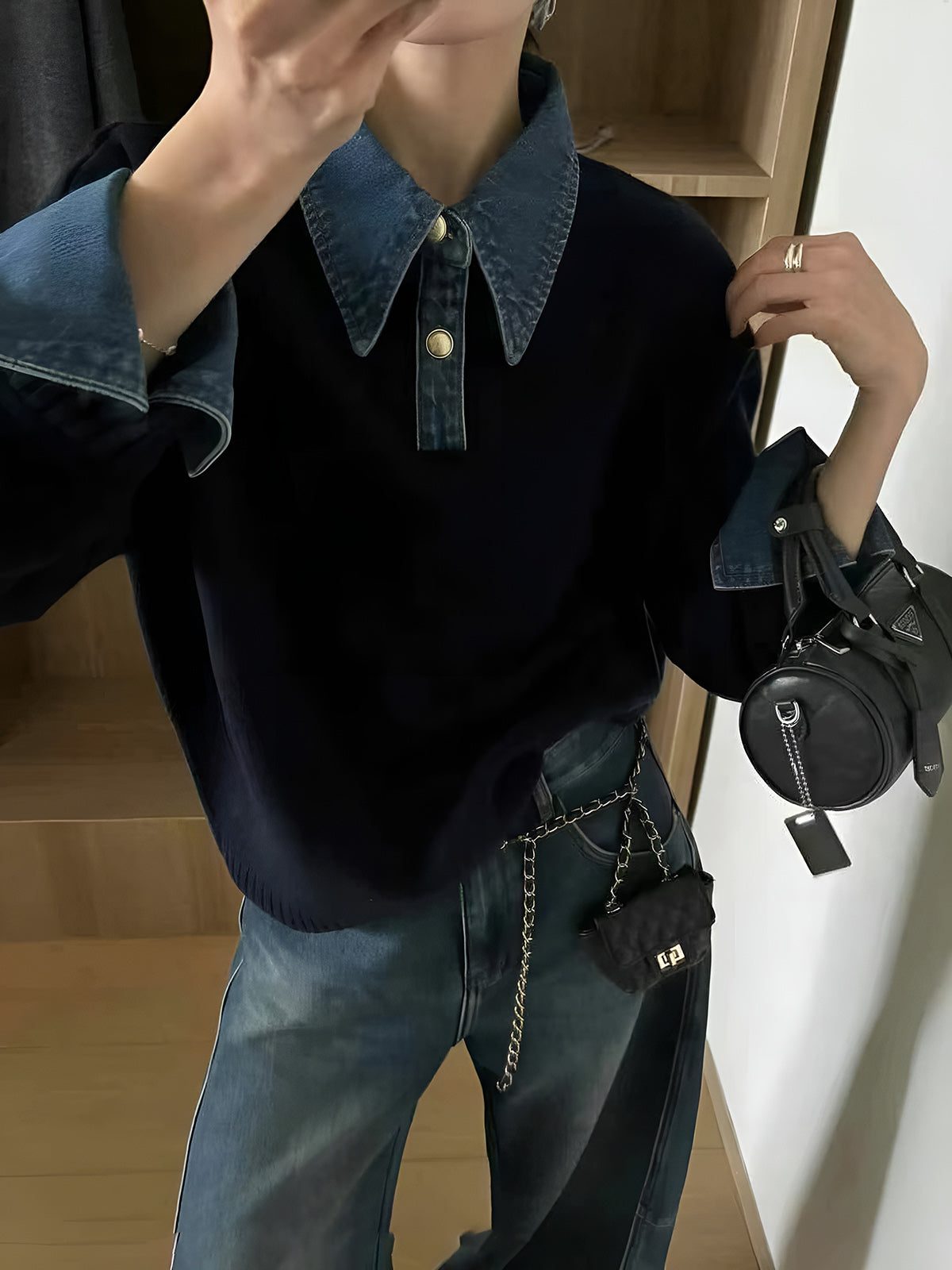 Ribbed Knit Sweater with Denim Collar for Women - View 2