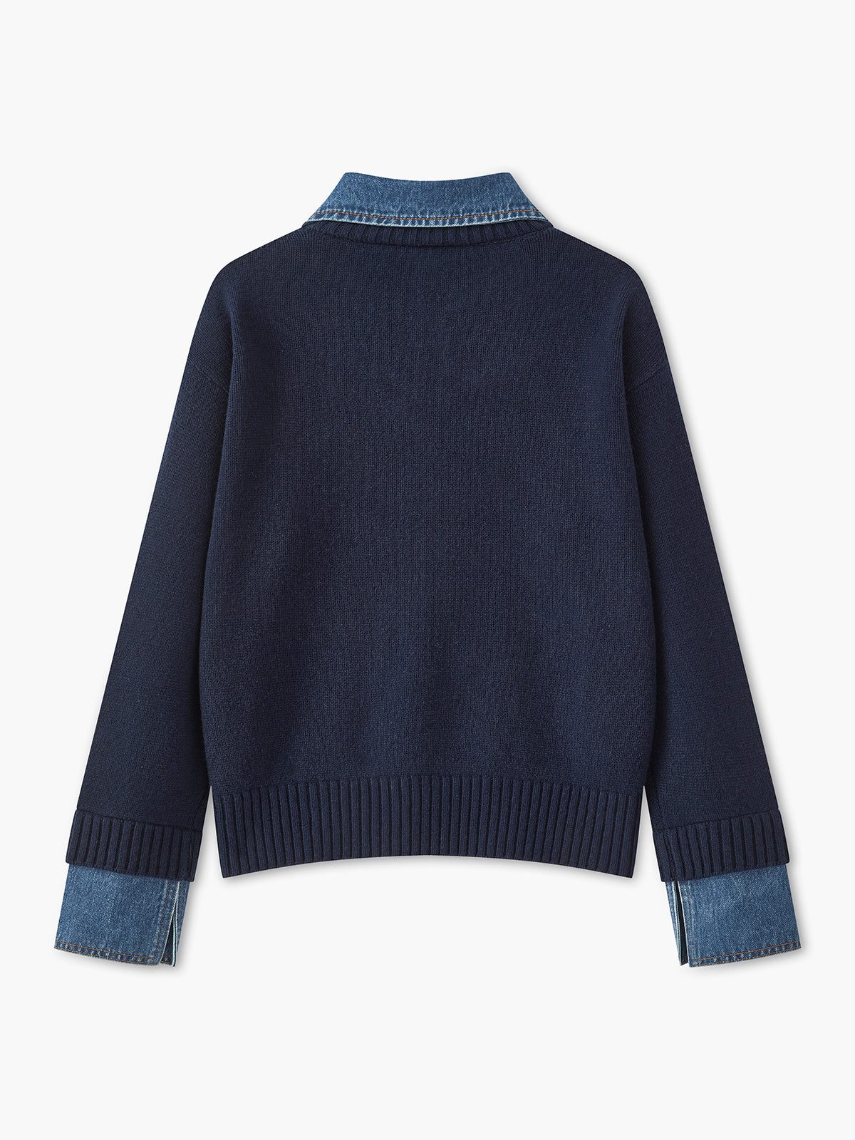 Ribbed Knit Sweater with Denim Collar for Women - View 3