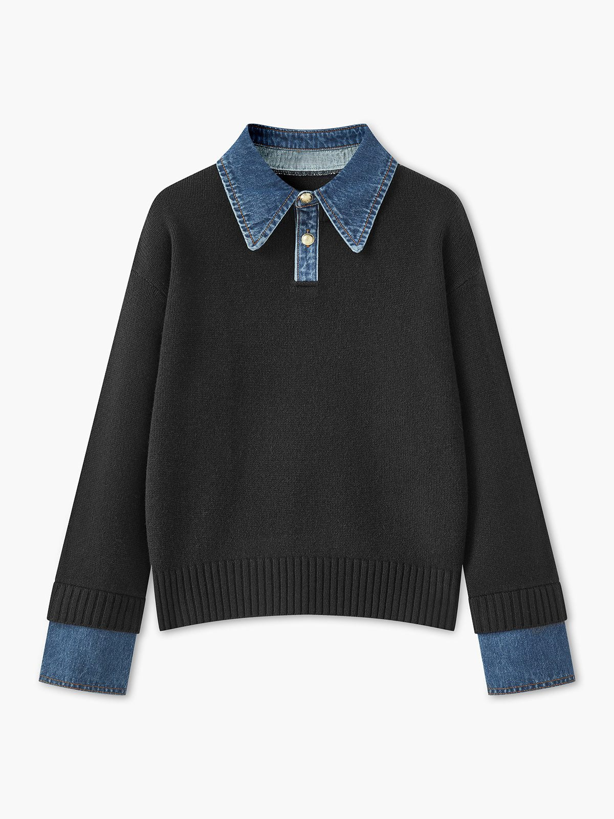 Ribbed Knit Sweater with Denim Collar for Women - Black