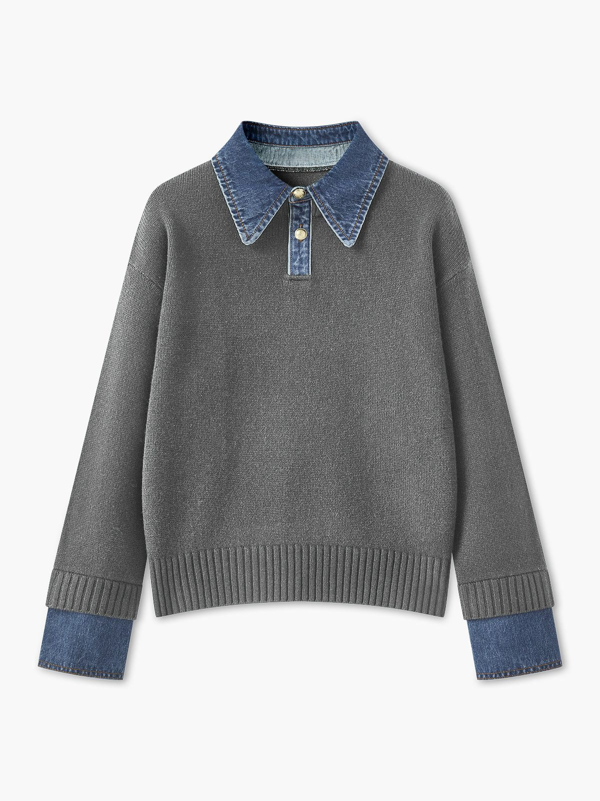 Ribbed Knit Sweater with Denim Collar for Women - Light Grey