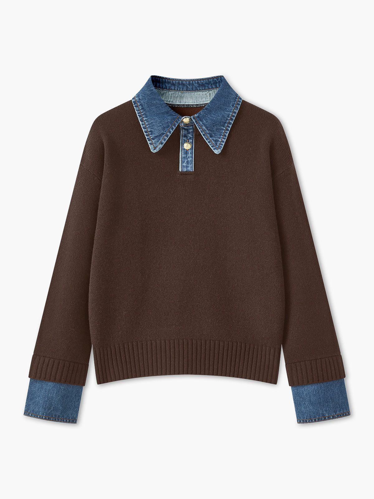 Ribbed Knit Sweater with Denim Collar for Women - Brown