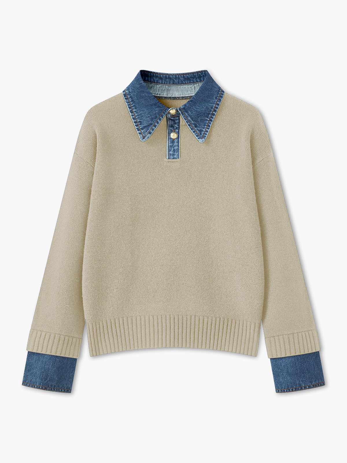 Ribbed Knit Sweater with Denim Collar for Women - Apricot