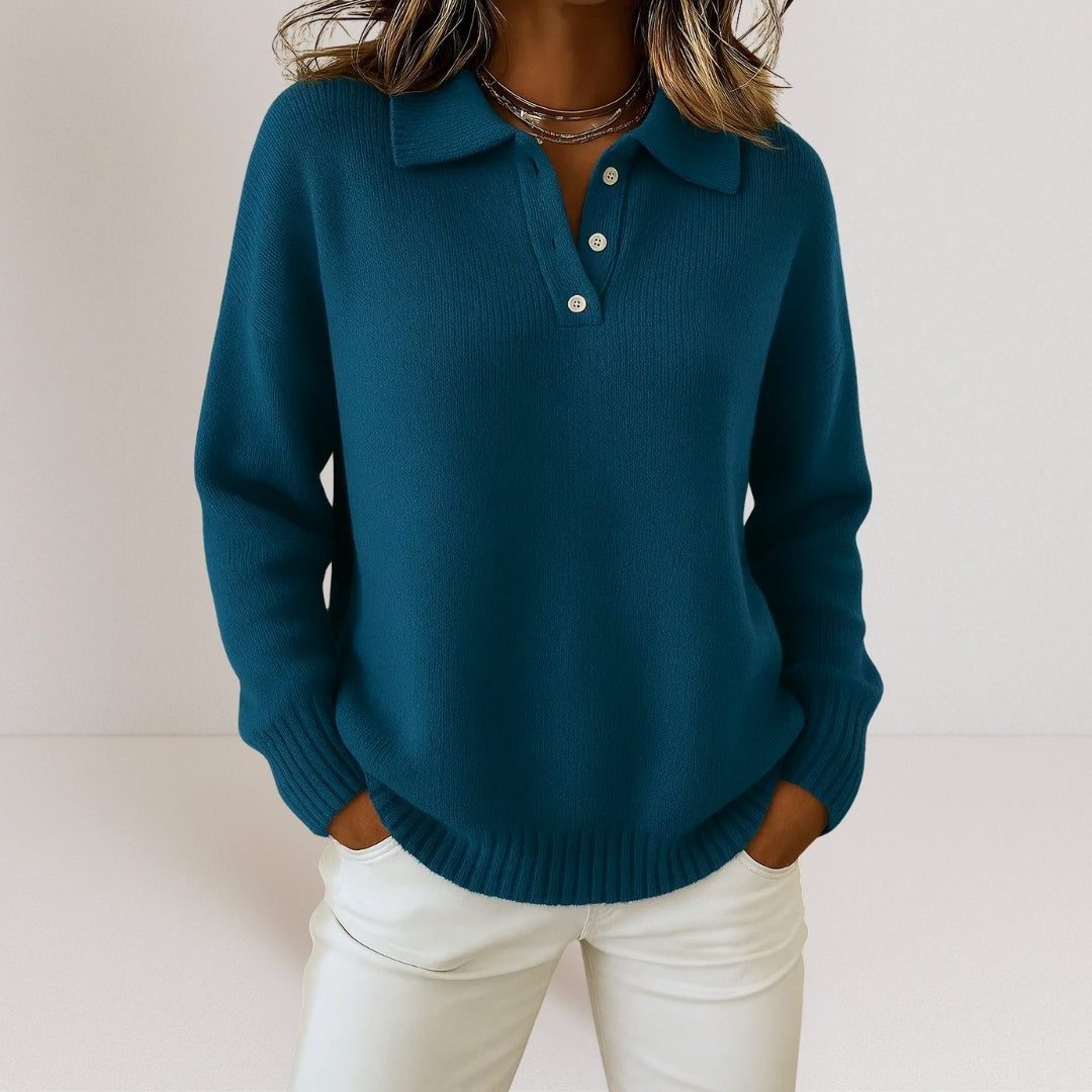 Ribbed Knit Sweater with Polo Collar for Women - Dark Blue