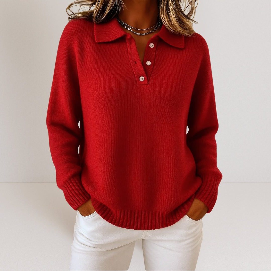Ribbed Knit Sweater with Polo Collar for Women - Red