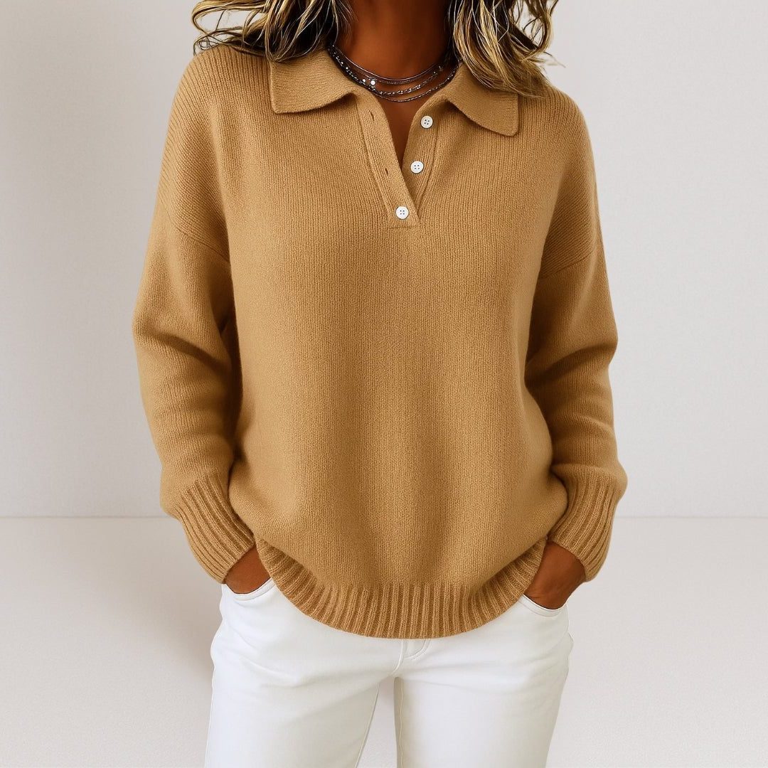 Ribbed Knit Sweater with Polo Collar for Women - Camel