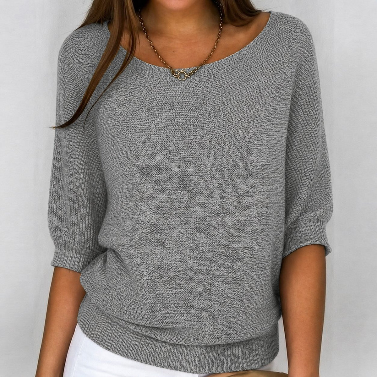 Ribbed Knit Sweater with Three-Quarter Sleeves for Women