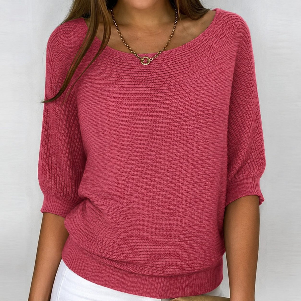 Ribbed Knit Sweater with Three-Quarter Sleeves for Women - Raspberry