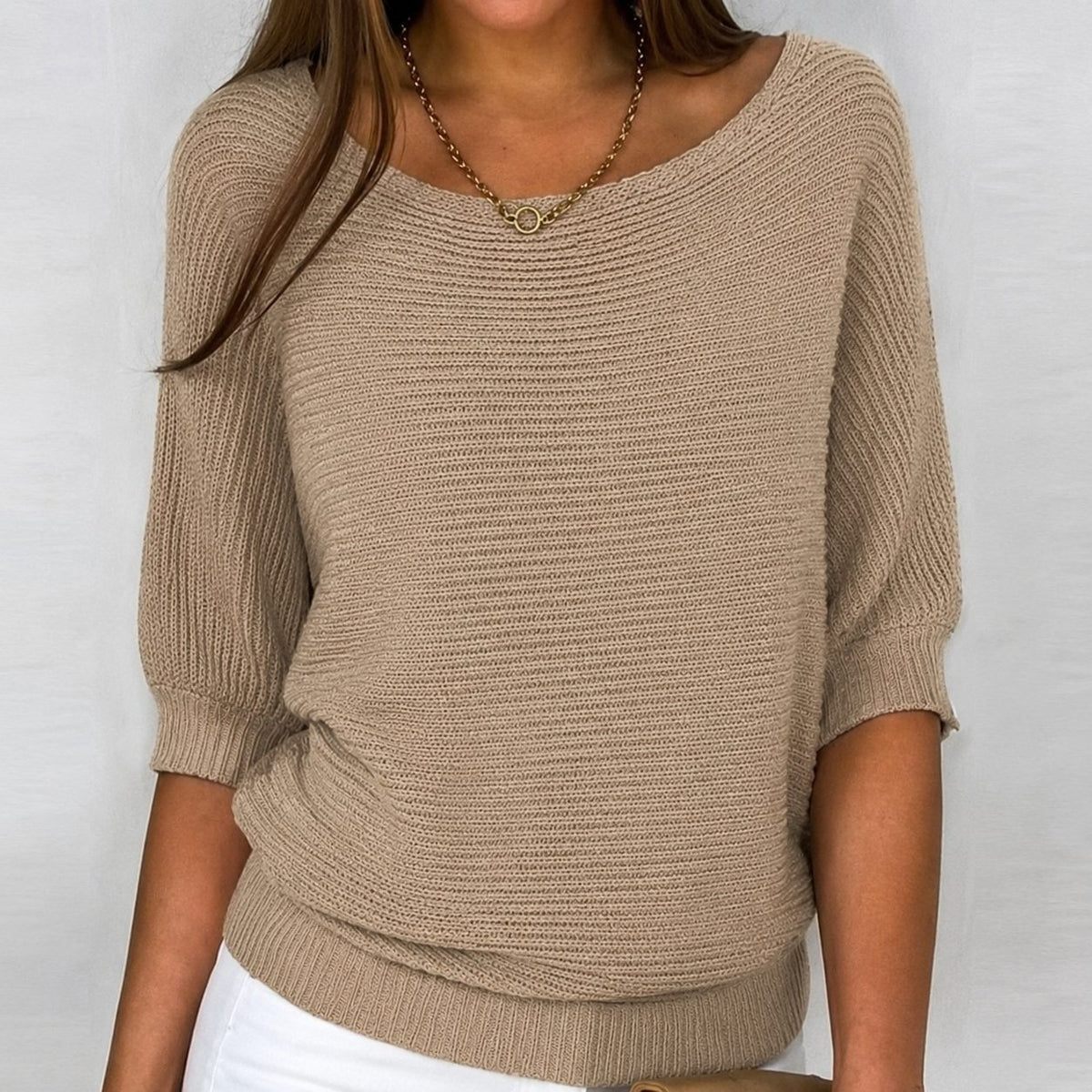 Ribbed Knit Sweater with Three-Quarter Sleeves for Women - Khaki