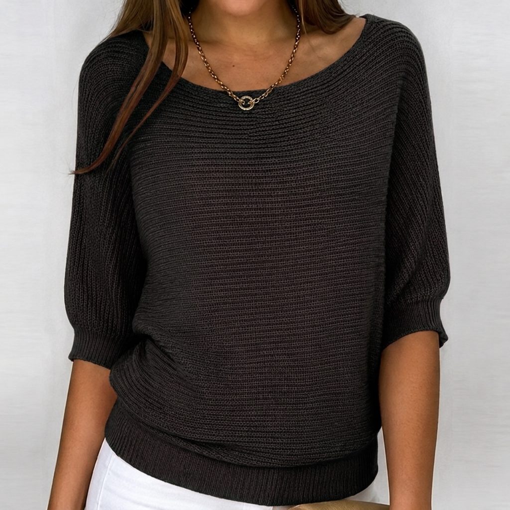 Ribbed Knit Sweater with Three-Quarter Sleeves for Women - Black