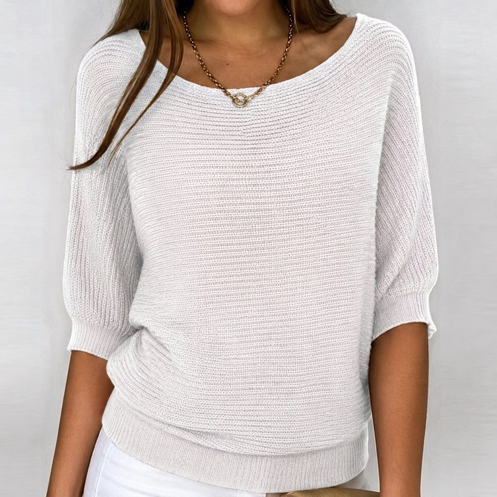 Ribbed Knit Sweater with Three-Quarter Sleeves for Women - White