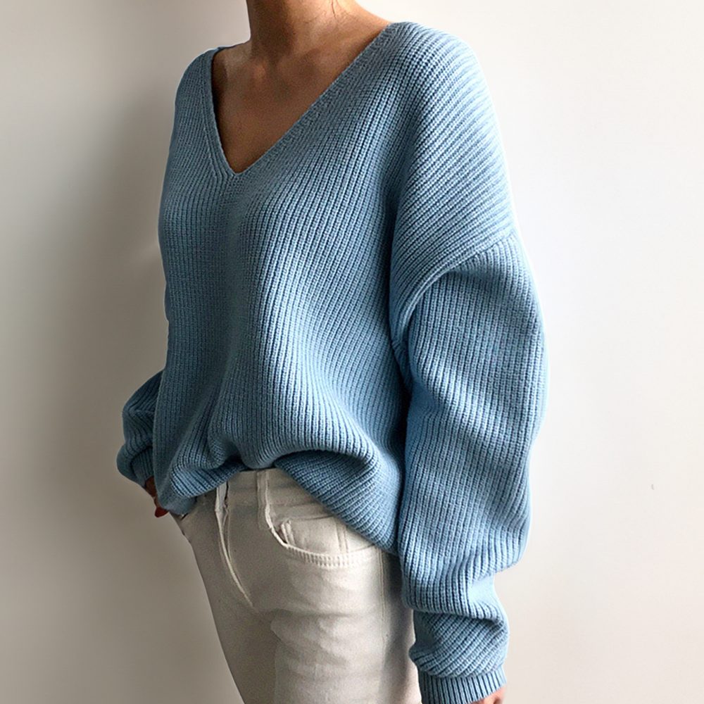 Ribbed Knit Sweater with V-Neck for Women