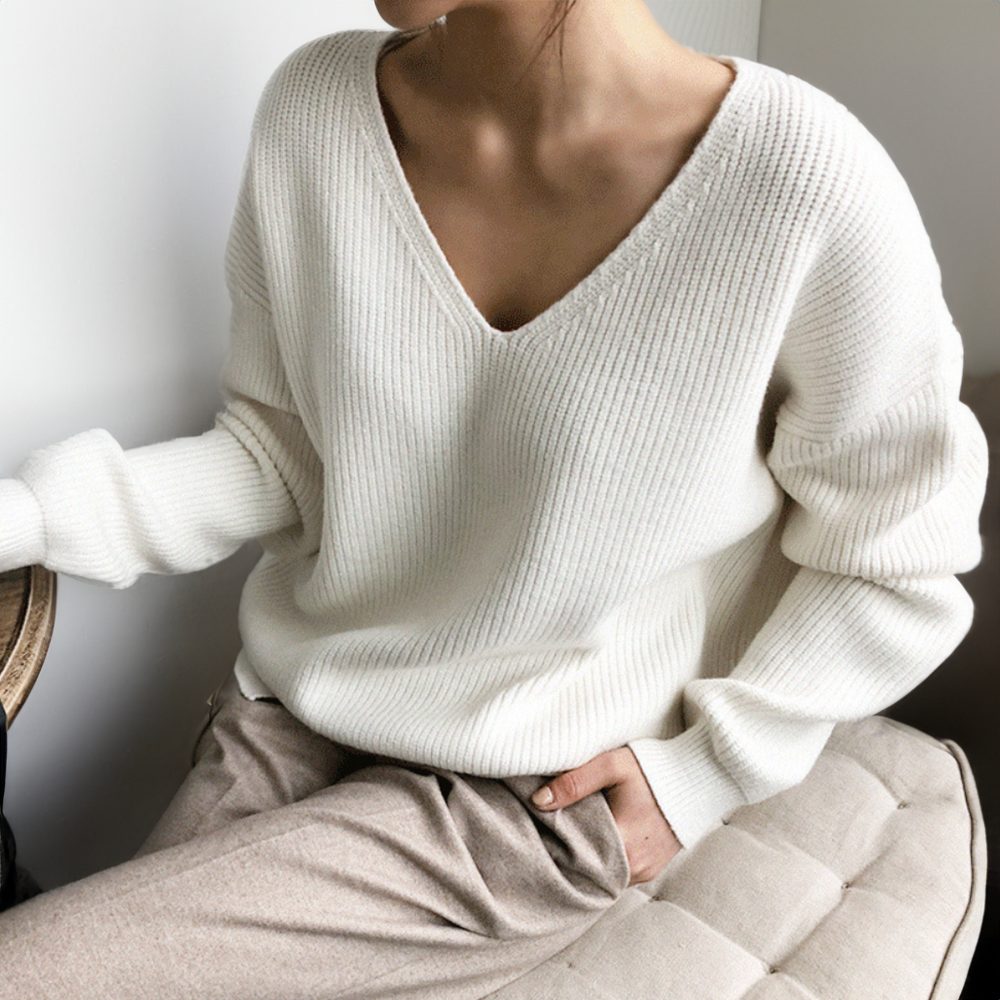 Ribbed Knit Sweater with V-Neck for Women