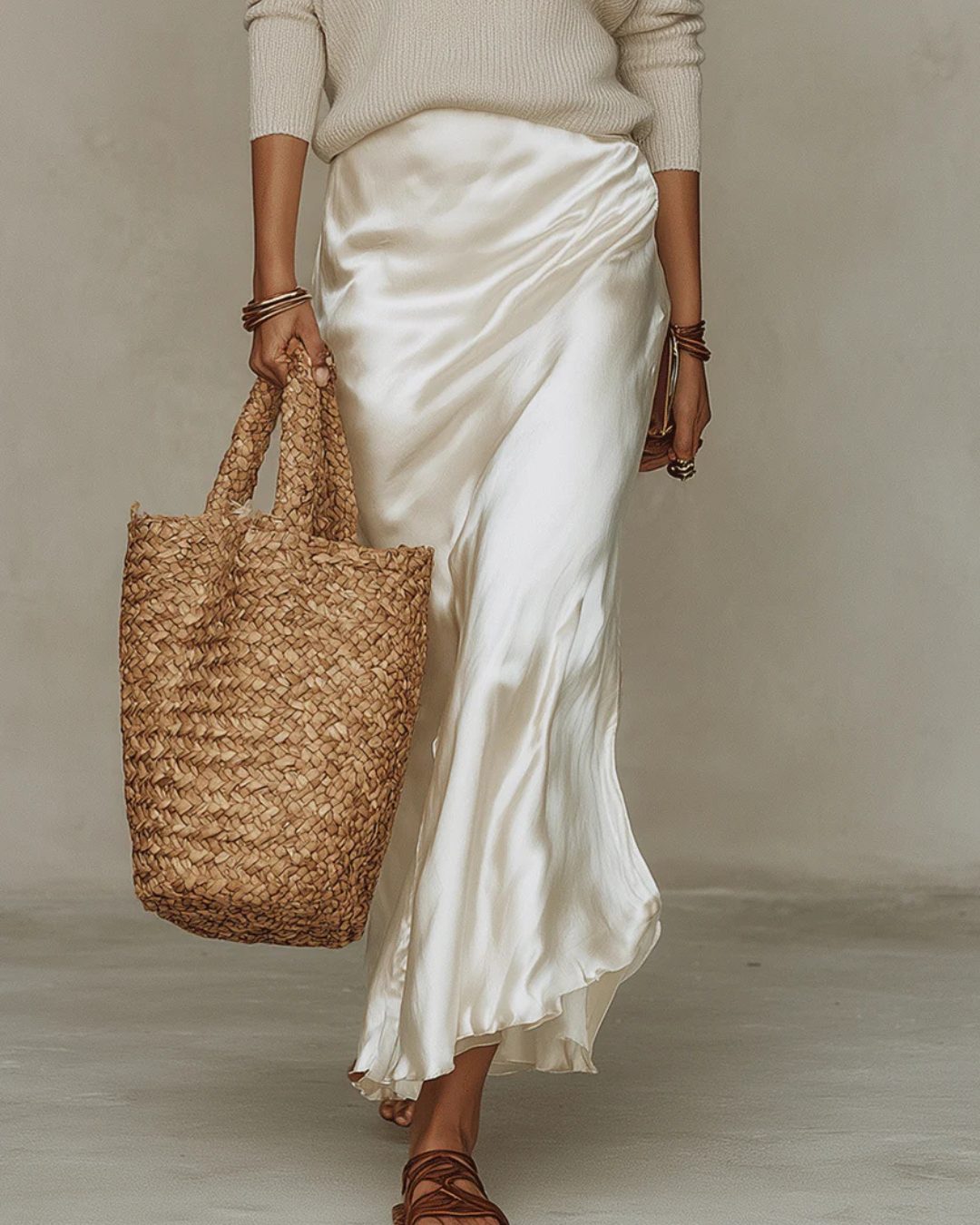 Ribbed Knit V-Neck Sweater with Satin Wrap Midi Skirt Set for Women - View 10