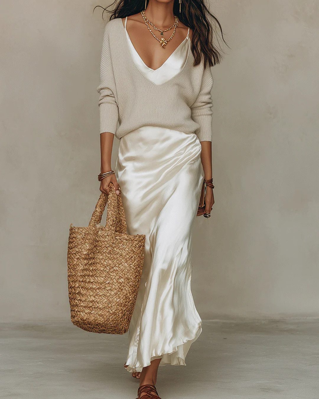 Ribbed Knit V-Neck Sweater with Satin Wrap Midi Skirt Set for Women - View 7