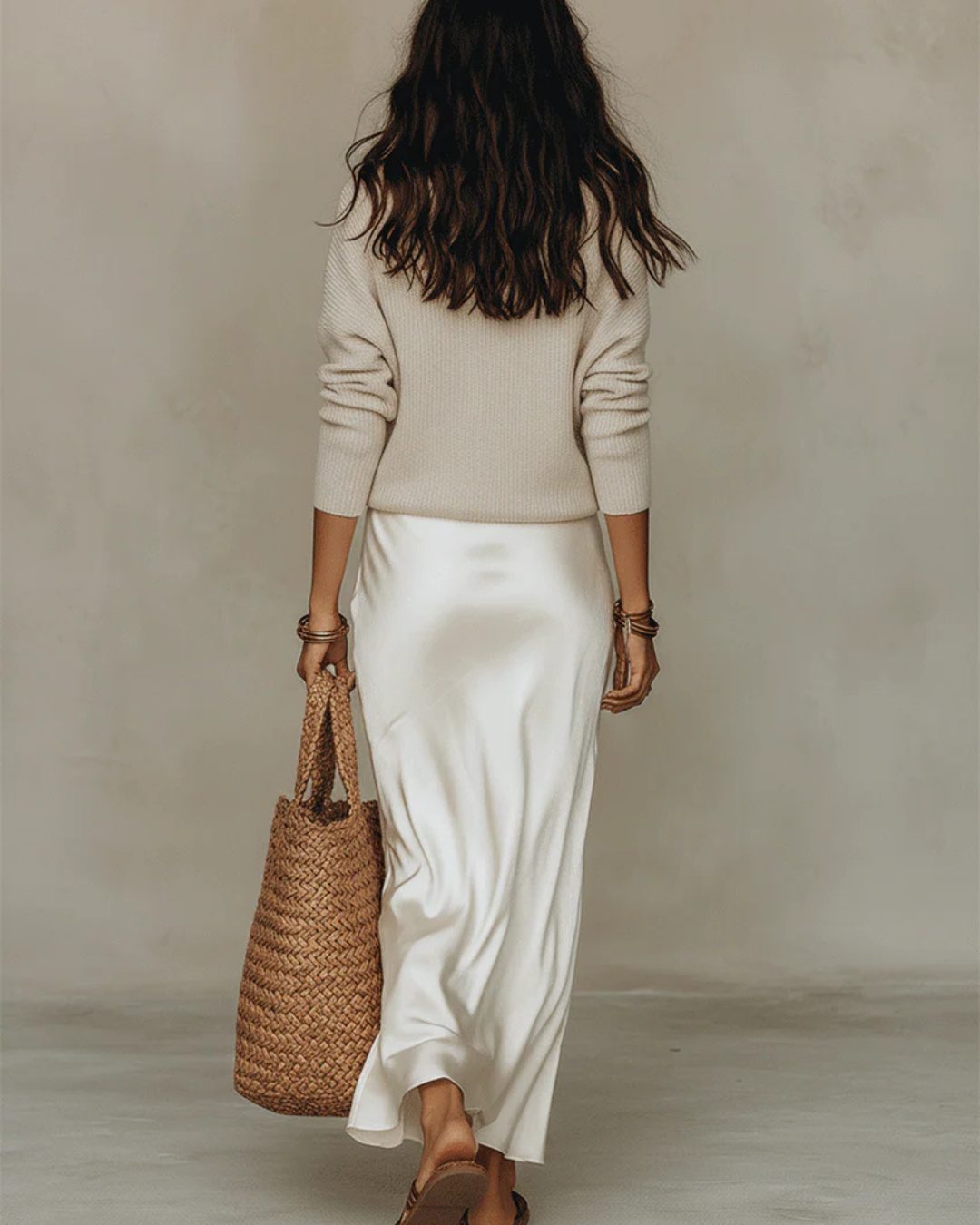 Ribbed Knit V-Neck Sweater with Satin Wrap Midi Skirt Set for Women - View 9