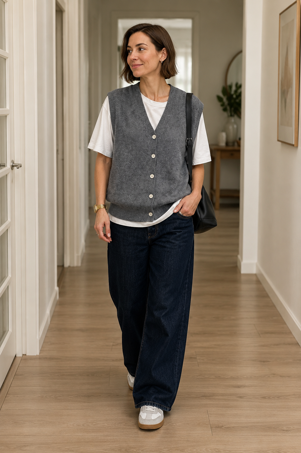 Ribbed Knit Vest with Button-Down for Women