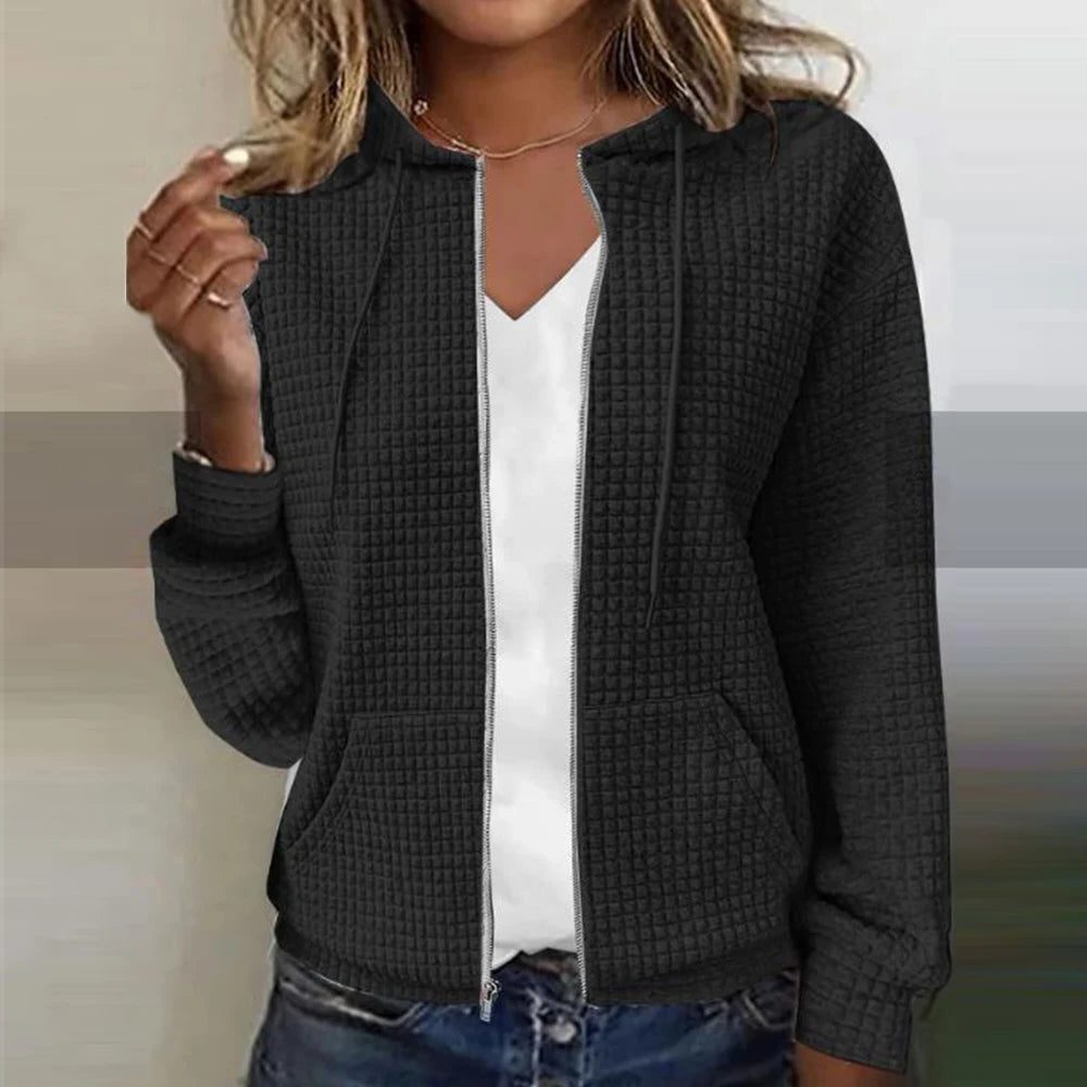 Ribbed Knit Zip-Up Hoodie for Women