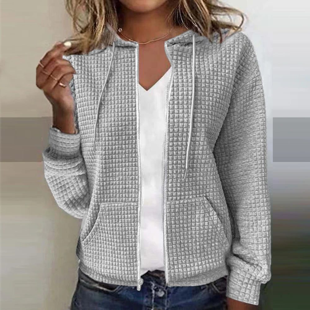 Ribbed Knit Zip-Up Hoodie for Women - Gray