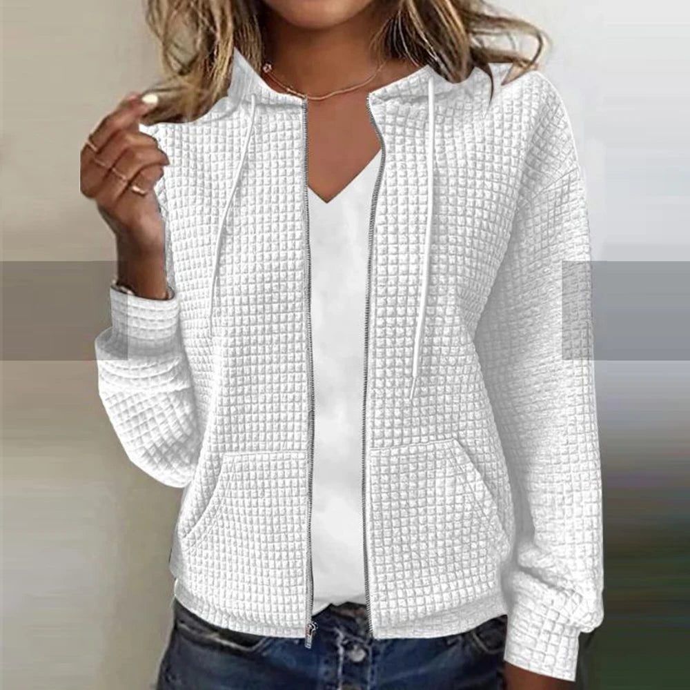 Ribbed Knit Zip-Up Hoodie for Women - White