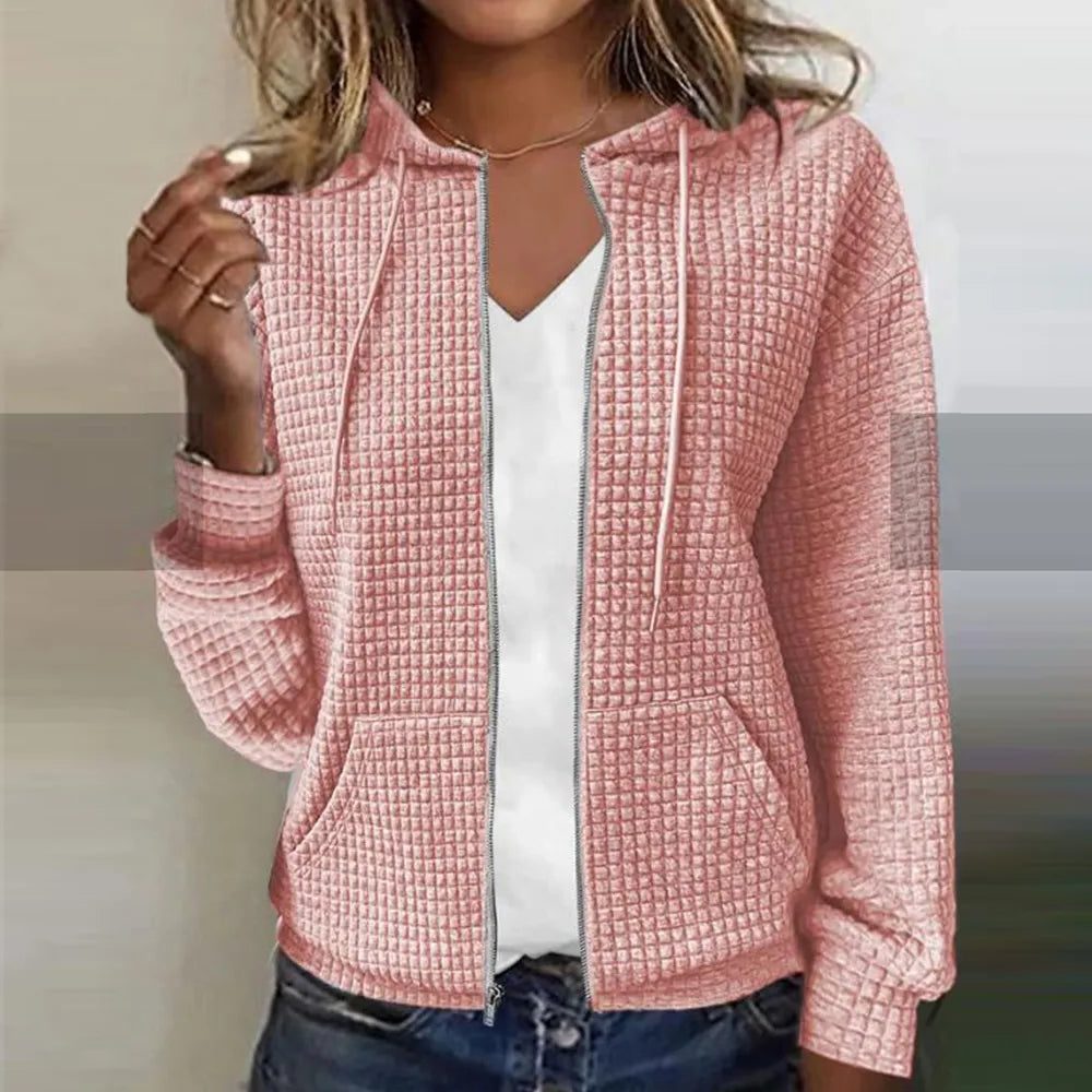 Ribbed Knit Zip-Up Hoodie for Women - Pink