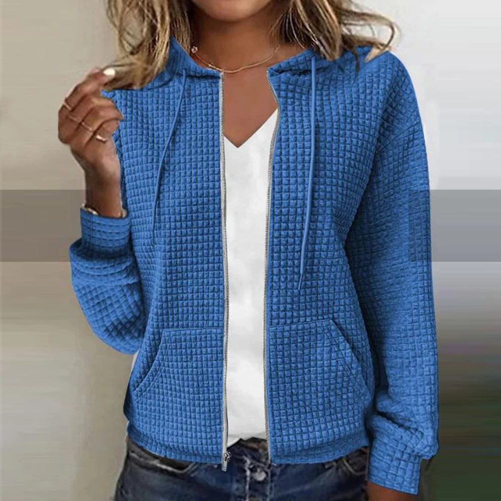 Ribbed Knit Zip-Up Hoodie for Women - Blue
