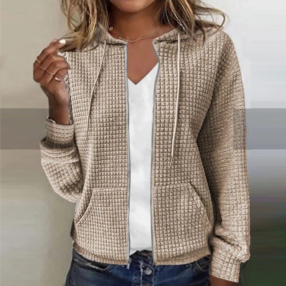 Ribbed Knit Zip-Up Hoodie for Women - Khaki