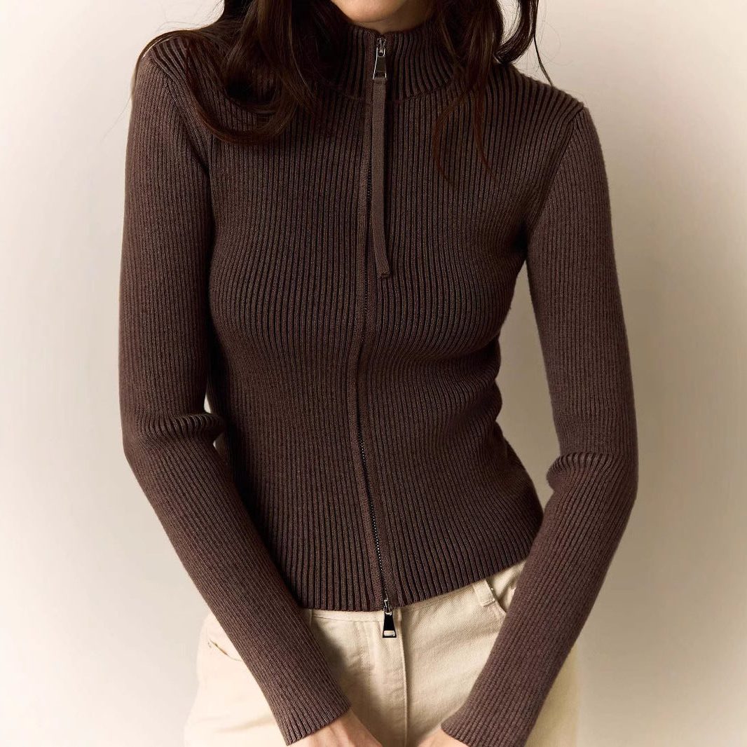 Ribbed Knit Zip-Up Sweater with Roll Neck for Women