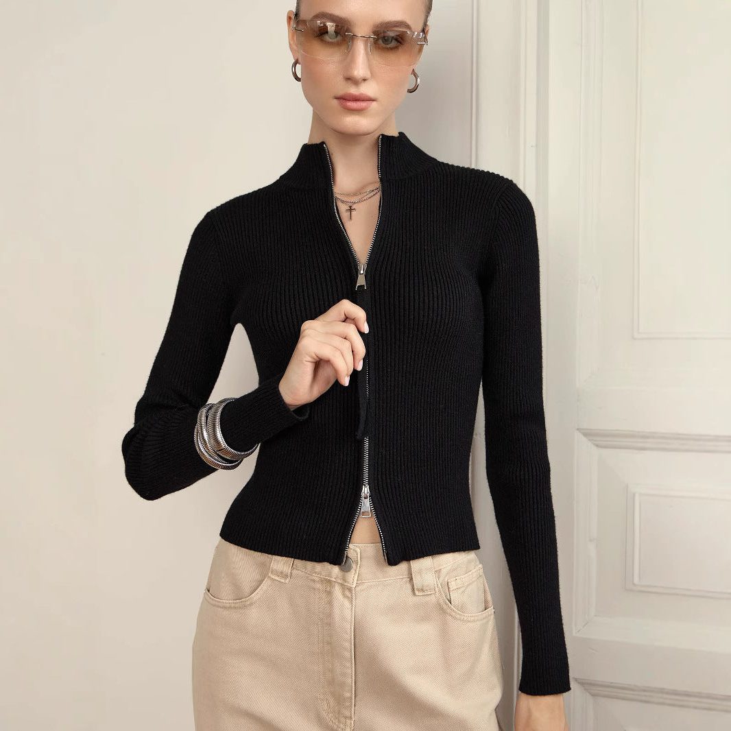 Ribbed Knit Zip-Up Sweater with Roll Neck for Women