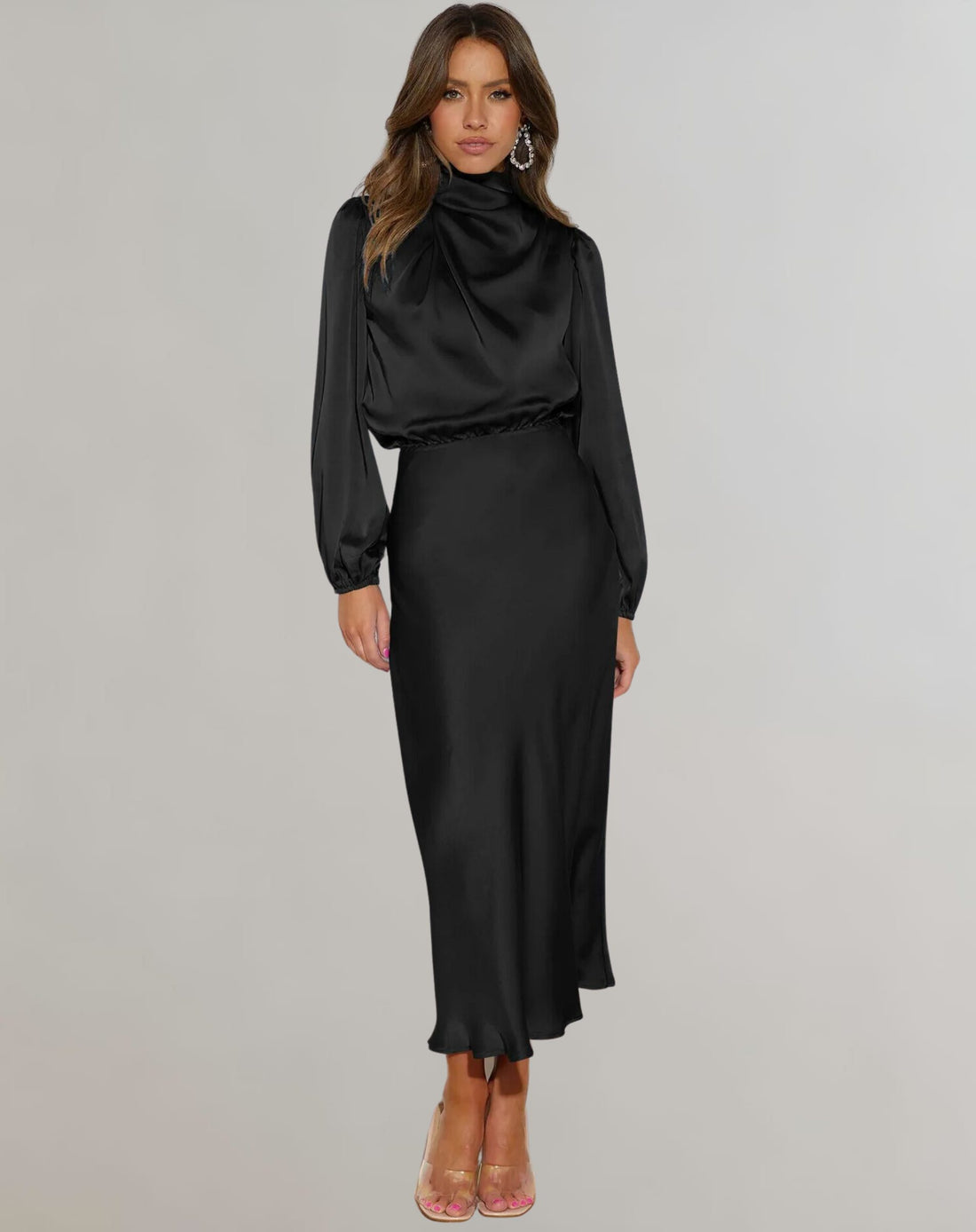 Roll Neck Long Sleeve Satin Midi Dress for Women