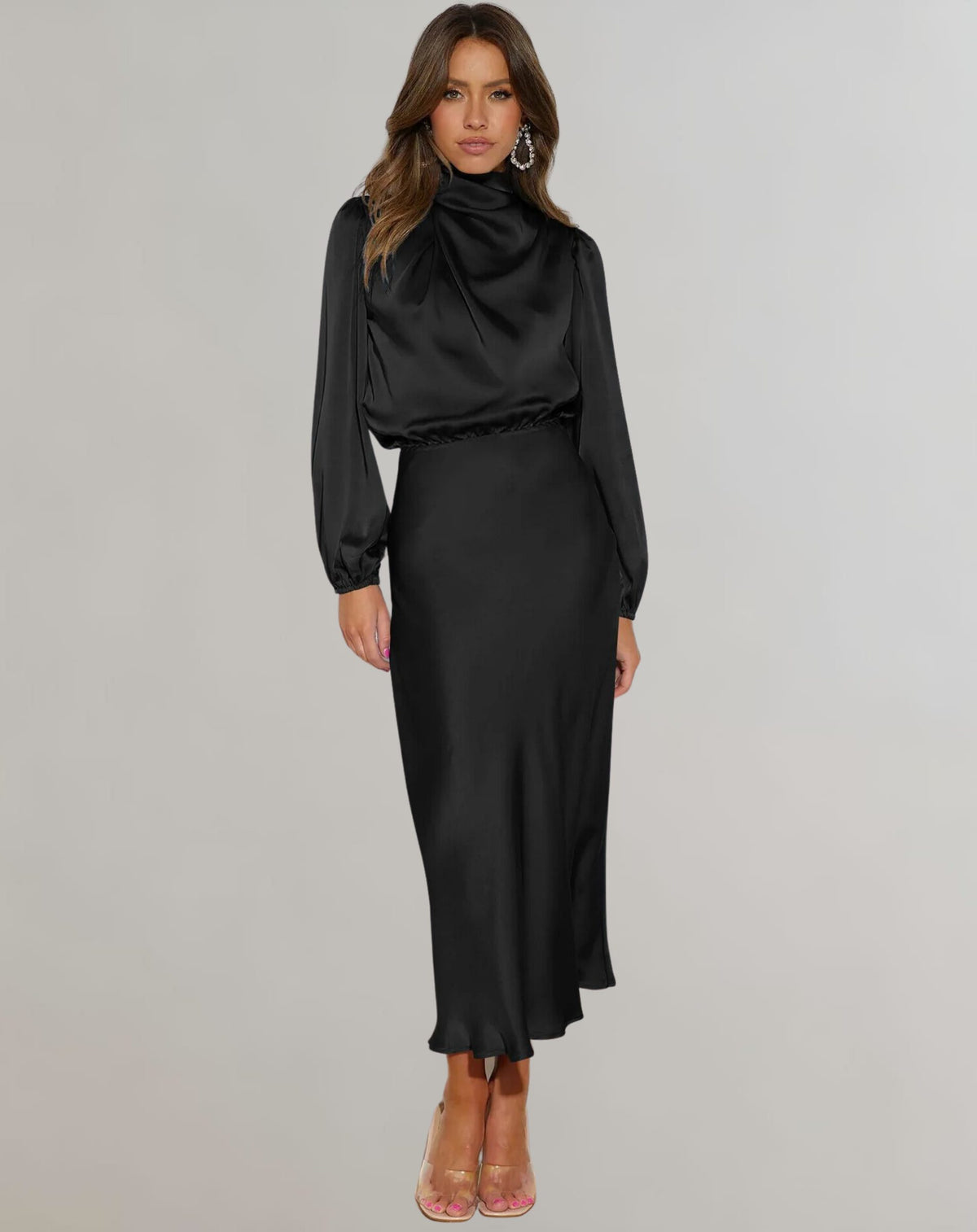 Roll Neck Long Sleeve Satin Midi Dress for Women