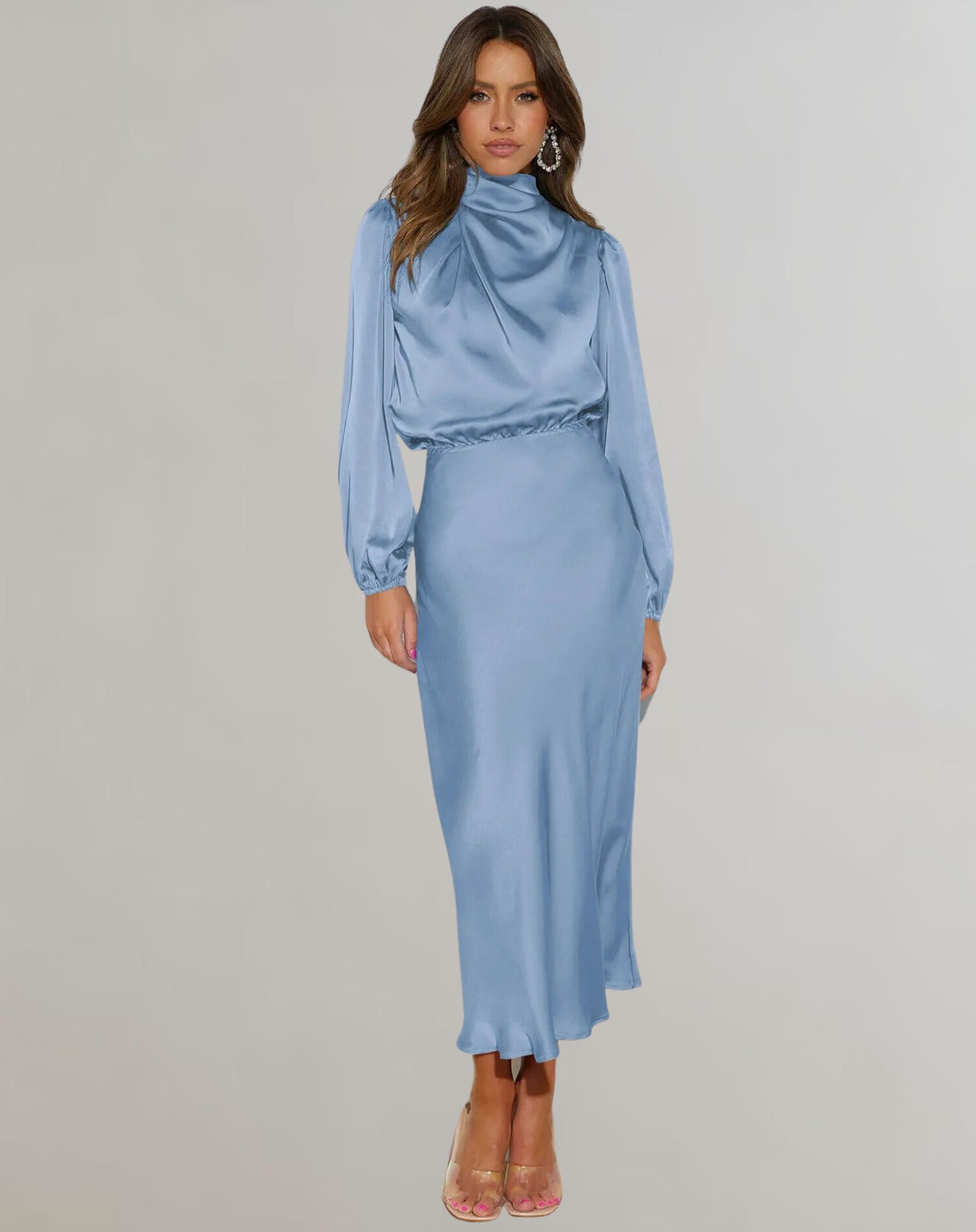 Roll Neck Long Sleeve Satin Midi Dress for Women