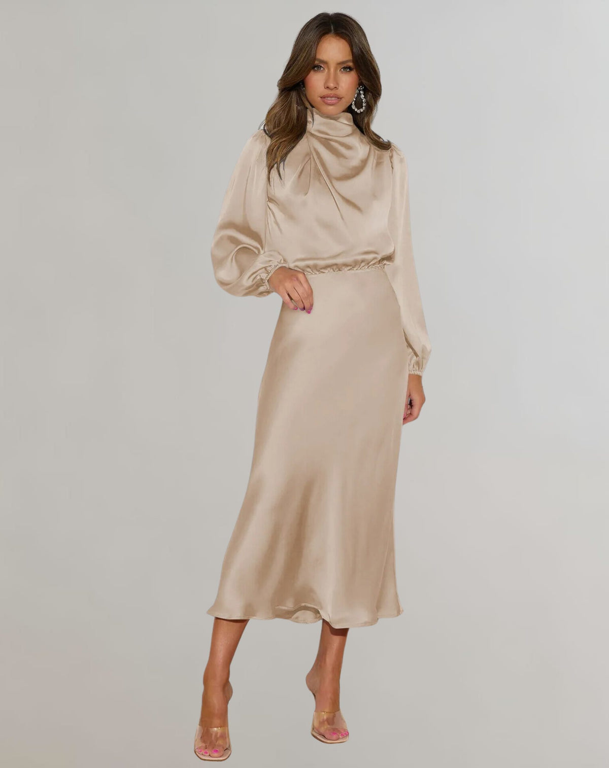 Roll Neck Long Sleeve Satin Midi Dress for Women - Apricot