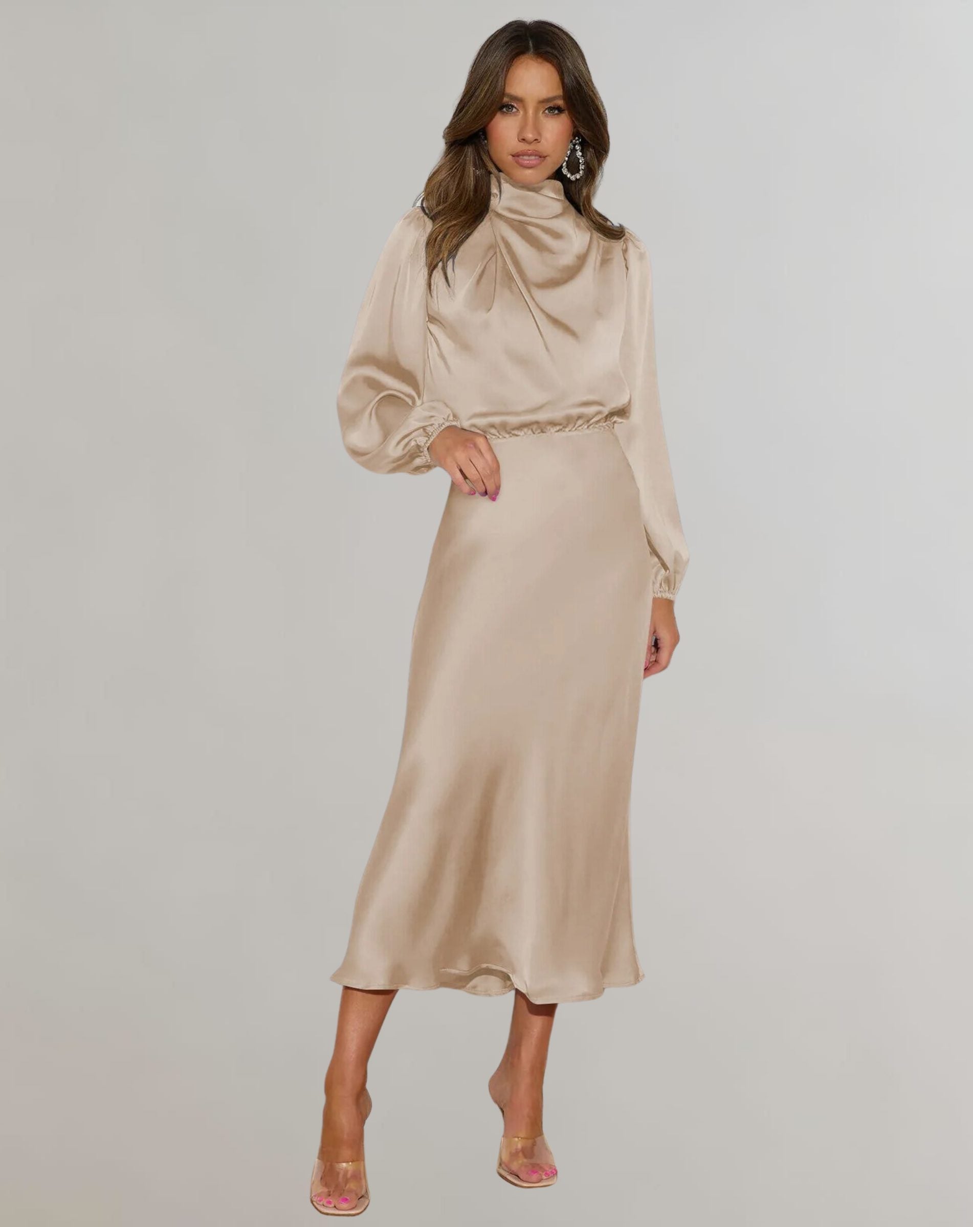 Roll Neck Long Sleeve Satin Midi Dress for Women - Apricot