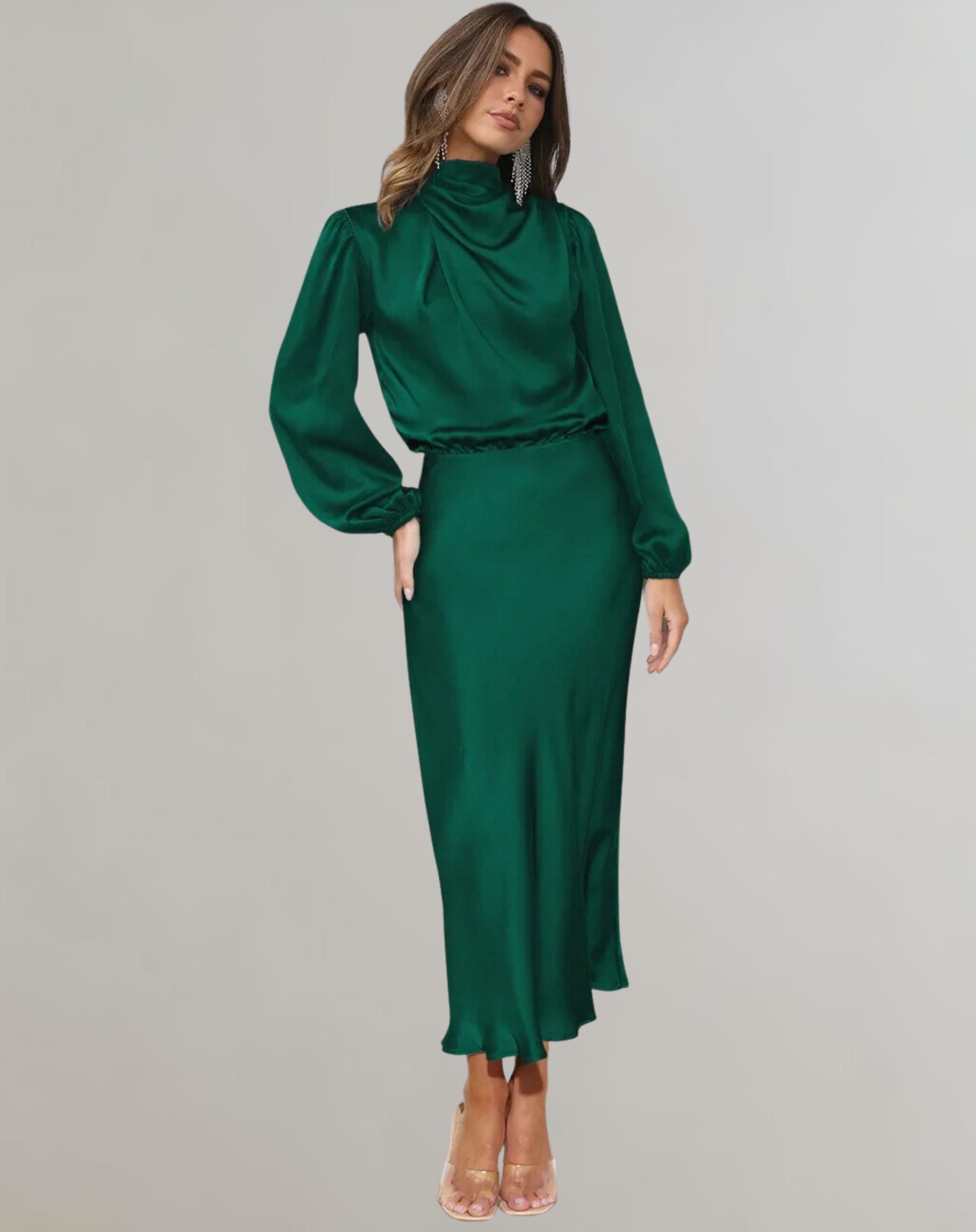 Roll Neck Long Sleeve Satin Midi Dress for Women - Dark Green