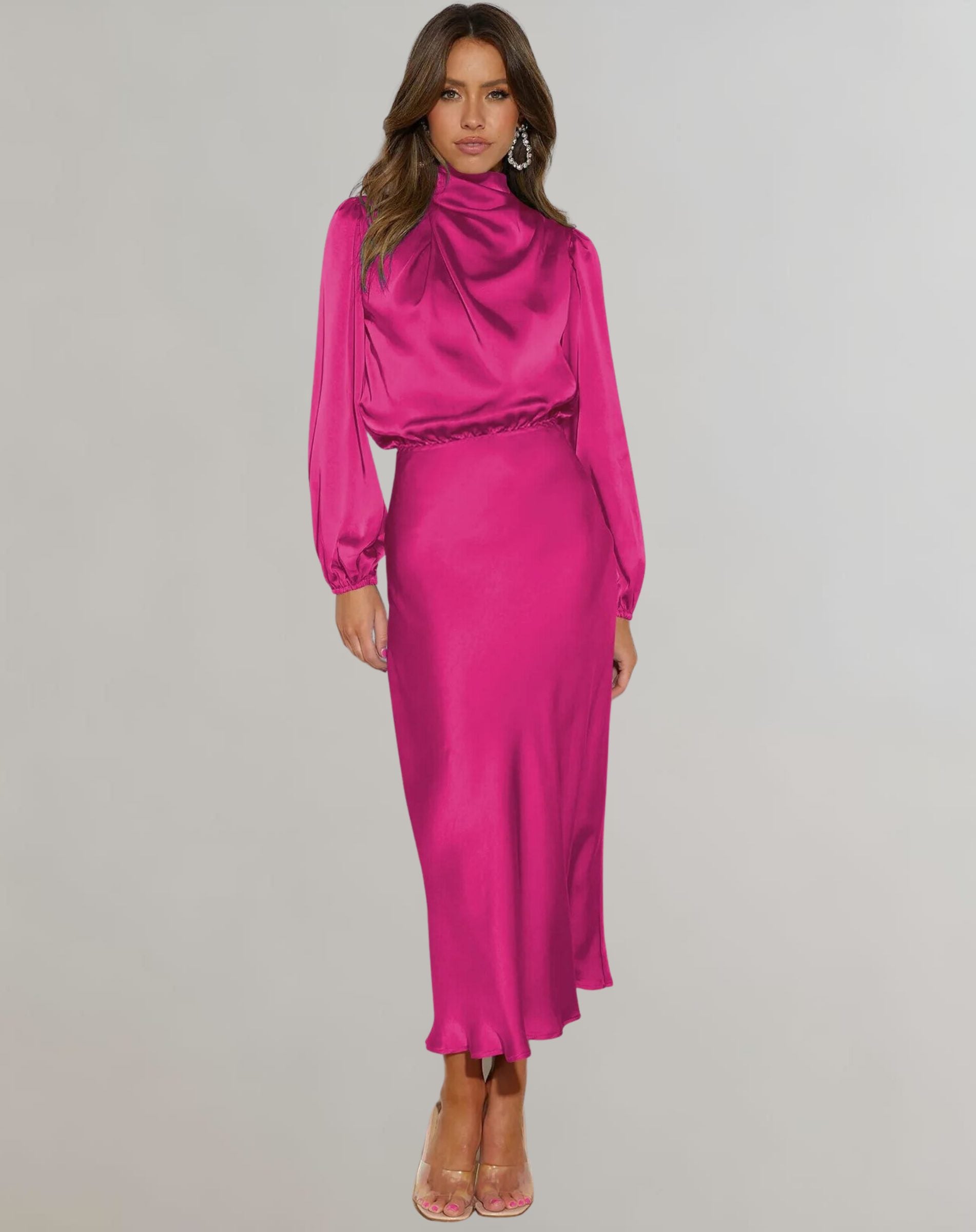 Roll Neck Long Sleeve Satin Midi Dress for Women - Red Rose