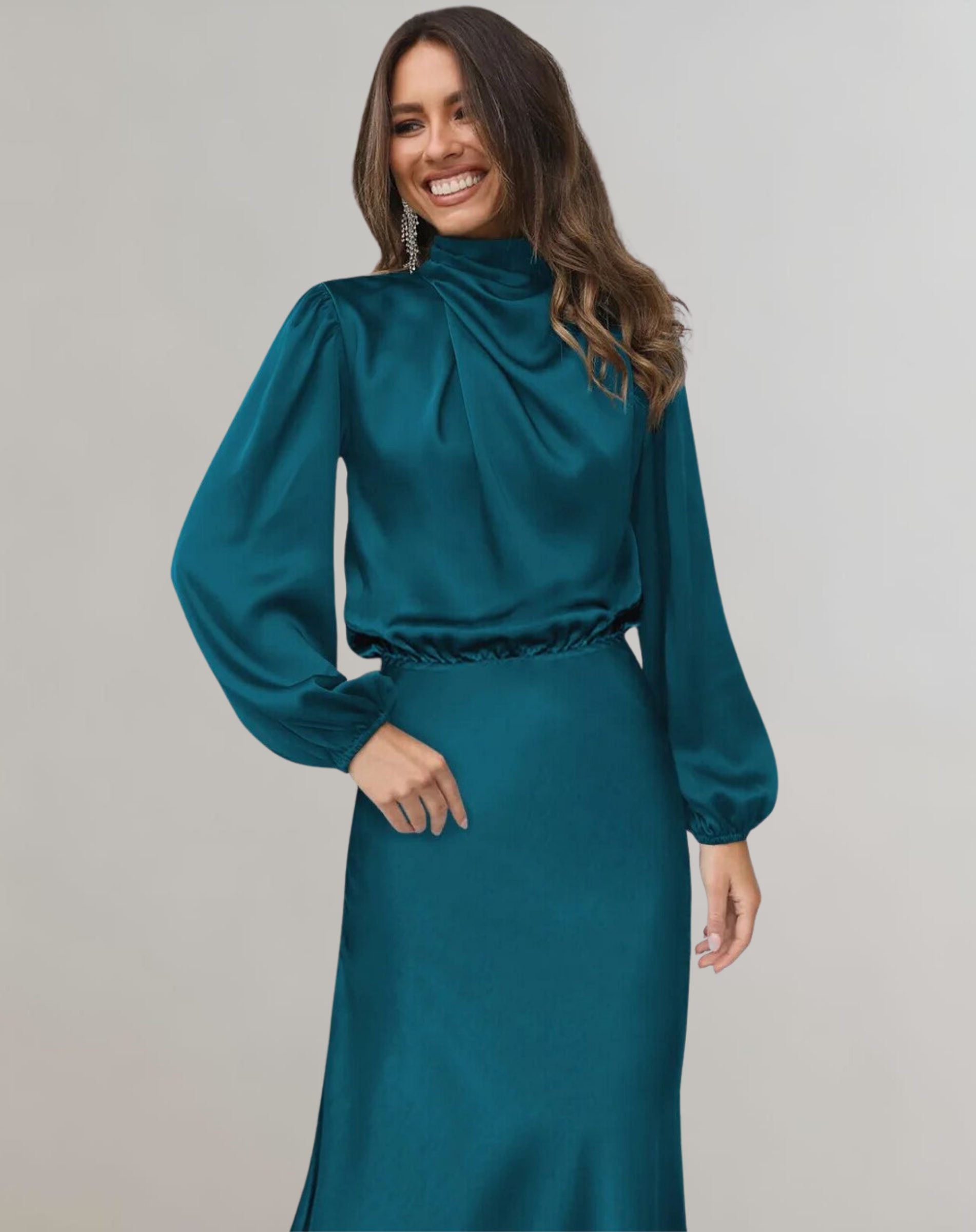 Roll Neck Long Sleeve Satin Midi Dress for Women - Blue Lake