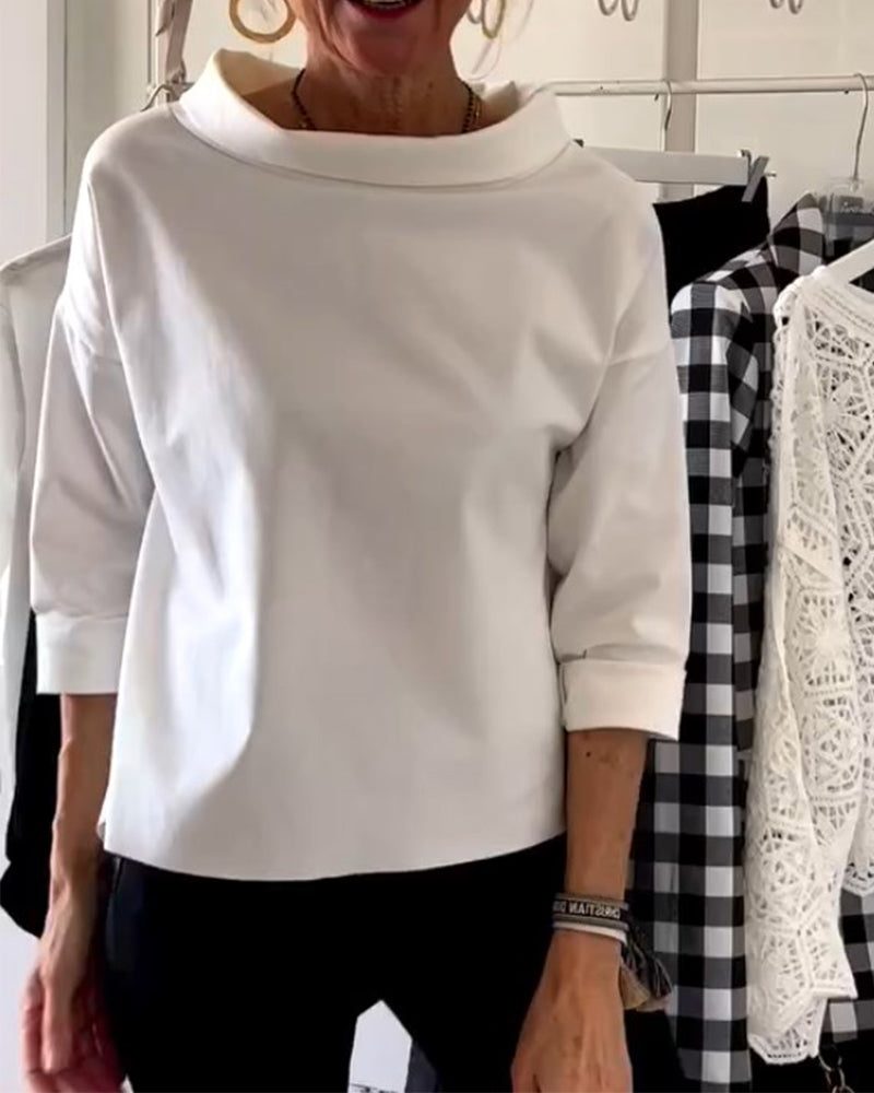 Roll Neck Top with Three-Quarter Sleeves for Women